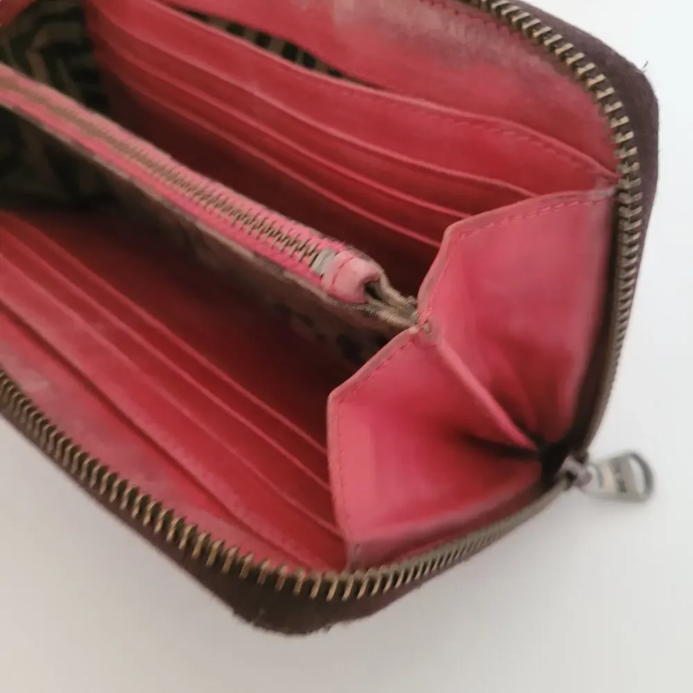 Diesel Brown Pink Leather Large Wallet Clutch‎ Accordion Zip Around Long Logo